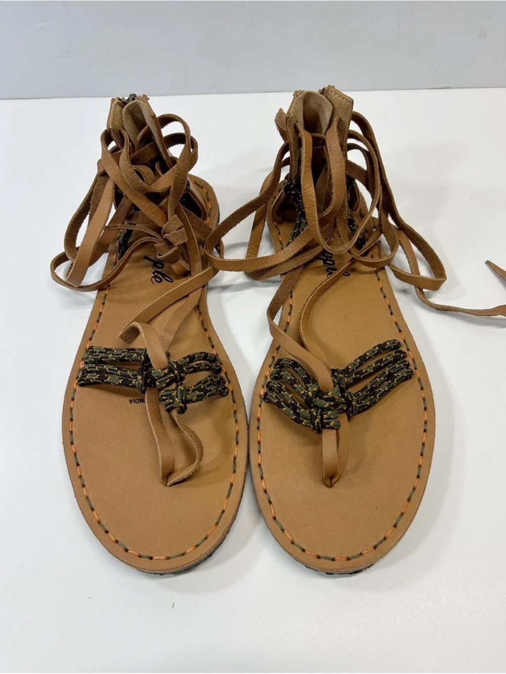 Free People Tan Leather Lace-Up Gladiator Sandals with Braided Straps
